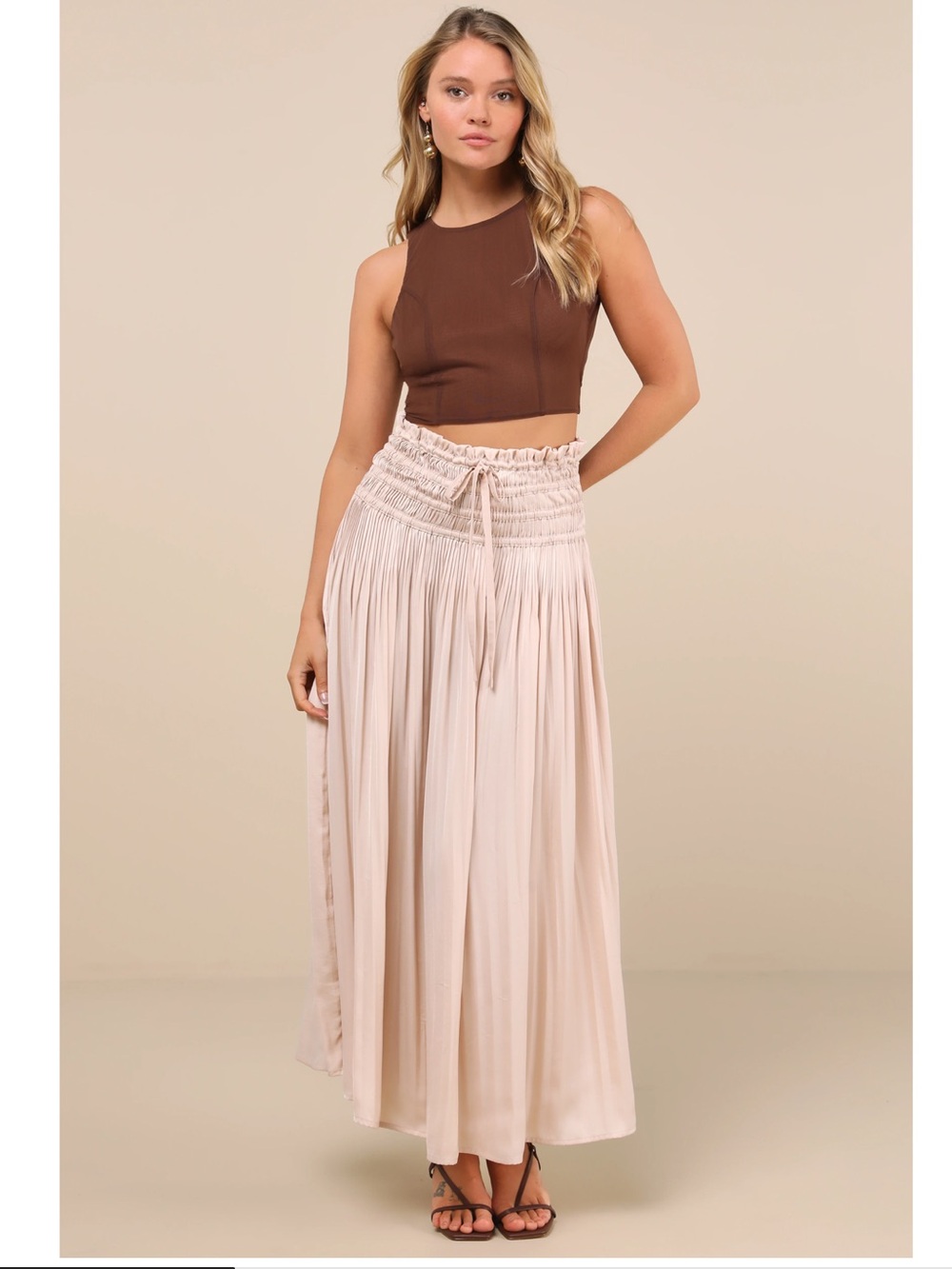 Lulus Maina Beige Plisse Faux Drawstring High-Rise Maxi Skirt NWT XL Lightweight